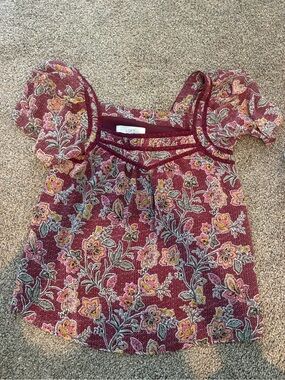 LOFT Burgundy Floral Square Neck Top with Pink Accents